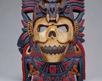 Mayan Art, Wood-Carved Mask, Skull, Eagle, Handcrafted.