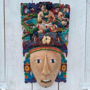 King Pakal Carrier: Mayan Cedar Mask, Handcrafted Decor, Mexican Art