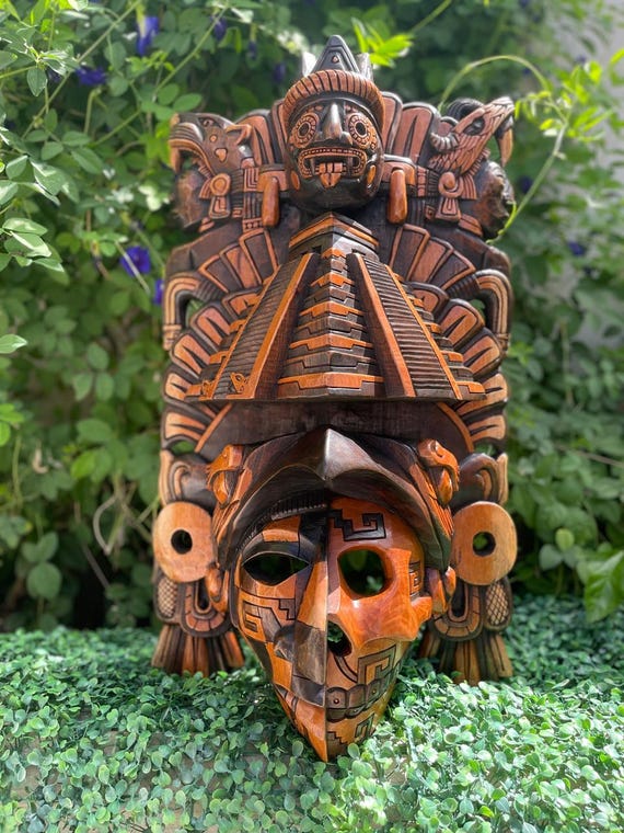 Handcrafted Cedar Wood Aztec Mayan Mask: Mexican Wall Art