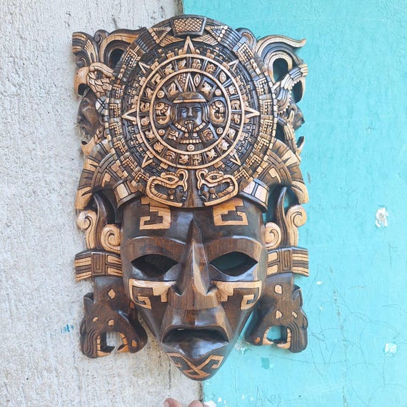 Handcrafted Cedar Aztec Mask: Mayan Wall Decor (16" Height)