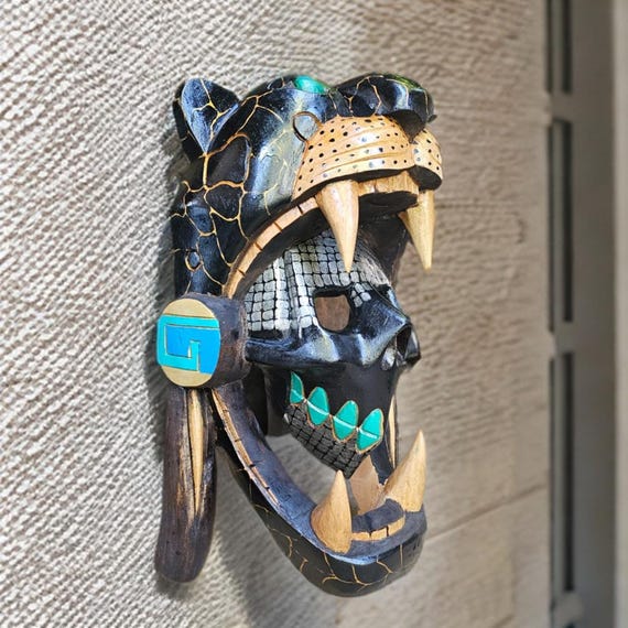 Mosaic-patterned Jaguar Mask; Home decor, Mesoamerican-inspired art, hand-carved