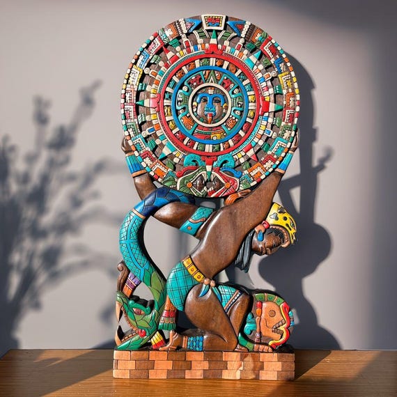 Aztec time carrier, cedar wood, Mexican Art, Aztec calendar