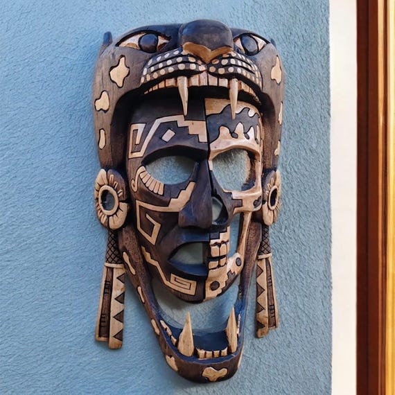 Jaguar Warrior Duality Mayan mask, handcrafted, skull, 3D, Mexican Art, Mayan and Aztec Culture. Wood carving