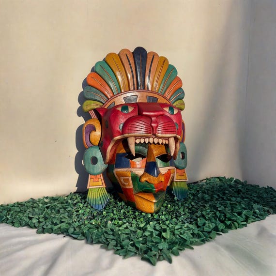 Cedar Jaguar Mayan Warrior mask: handcrafted Mexican folk art