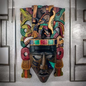 Hand Carved Cedar Wood Mayan Mask: Mexican Art