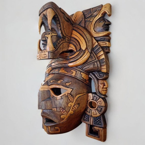 Handcrafted Mayan Cedar Wood Mask: Aztec Serpent Wall Art
