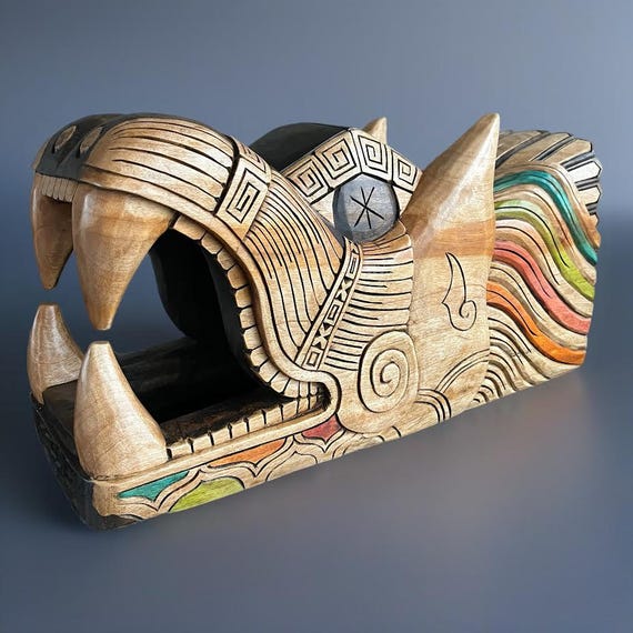 Quetzalcóatl head wood carved, Aztec and Mayan Cultures, Mexican Art, hand carved