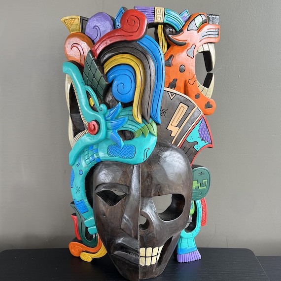 Duality Cedar Skull Mask: Aztec Jaguar Warrior, Mayan Handcrafted Décor