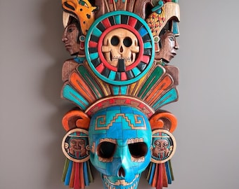 Puede incluir: Un colgante de pared de madera tallada que presenta una calavera azul con patrones geométricos, un diseño de calavera central y figuras con tocados. La obra de arte incorpora colores vibrantes como el azul, el naranja, el rojo y el verde, mostrando detalles intrincados y motivos culturales.