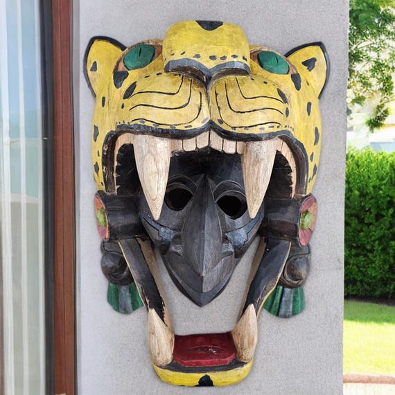 Handmade Cedar Wood Jaguar Warrior Mask: Mayan Wall Art