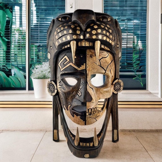 Handcrafted Cedar Wood Mask: Aztec Jaguar Warrior Wall Art