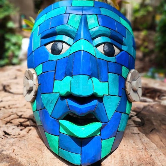 King Pakal Wooden Mask, Maya and Aztec Culture, Mexican art, 3D wood carving, handcrafted