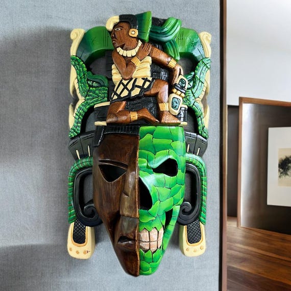 Duality Maya wooden mask. Mexican Art, Maya and Aztec culture