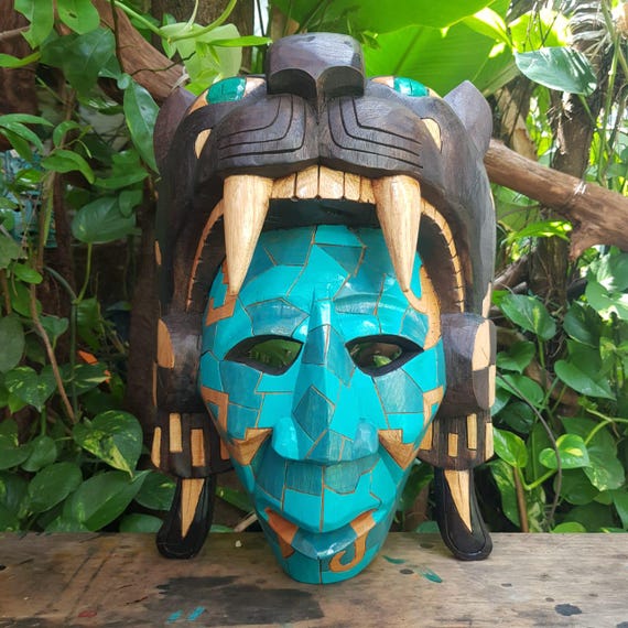 Blue Cedar Mask: Mayan and Aztec Culture, Pre-Hispanic Art, Wall décor, handcrafted, collectable