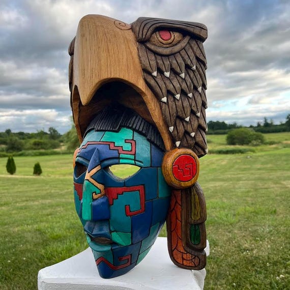 Aztec Eagle Warrior Wooden Mask, Mexican Art, Aztec and Maya Culture, handcrafted, 3D carving