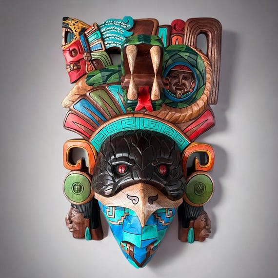 Eagle Maya Warrior Wooden Mask, Maya and Aztec Culture, Mexican art, 3D wood, Handcrafted