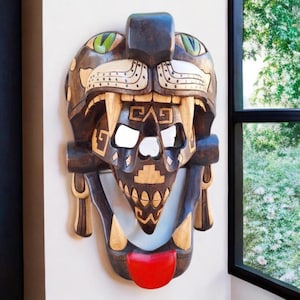 Handmade Cedar Wood Mask: Aztec Mayan Jaguar Warrior Wall Art