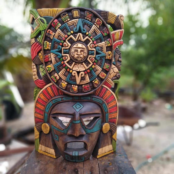 Cedar Mask: Mayan and Aztec Culture, Pre-Hispanic Art, handcrafted wall décor