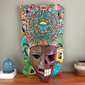 Handcrafted Cedar Maya Mask: 3D Skull, Mexican Aztec Art