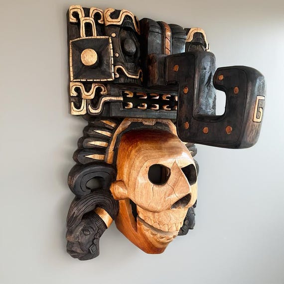 Handcrafted Cedar Mayan Mask: Chaac Carrier, Mexican Art