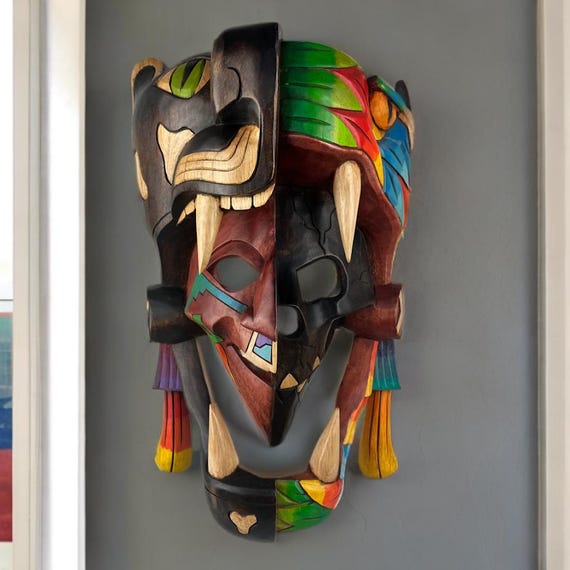 Handcrafted Mayan Jaguar Serpent Mask: Cedar Wood Wall Decor