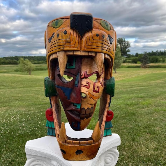 Cedar Wood Maya Jaguar Warrior Mask: Handcrafted Mexican Art