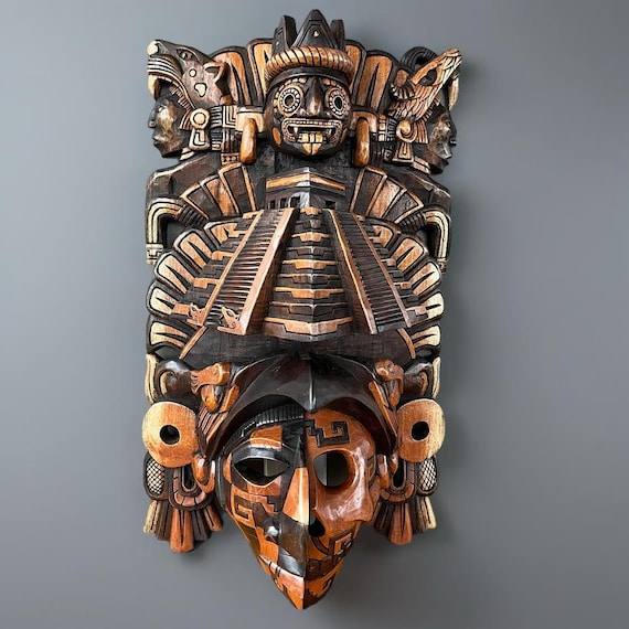 Handcrafted Cedar Wood Aztec Mayan Mask: Mexican Wall Art