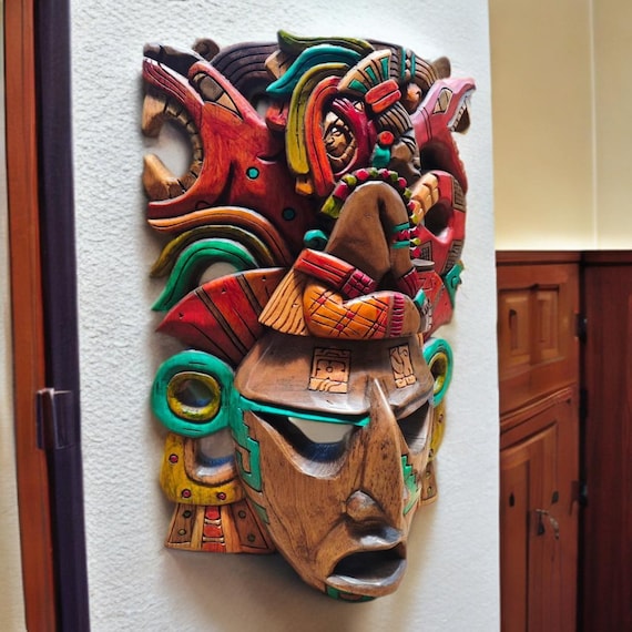 Mayan Wooden Mask, Handmade, 3D sculptures, Mexican Art, Aztec Culture.