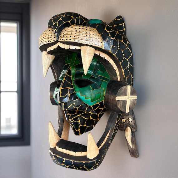 Handcrafted Cedar Jaguar Warrior Mask: Mayan Aztec Decor