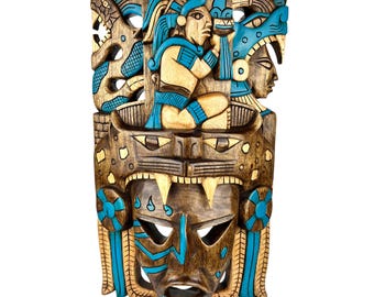 プレヒスパニックの木製マスク、マヤ文化、メキシコの壁画、手彫り