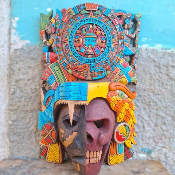 Colorful Aztec Time Carrier Cedar Mask: Mayan and Aztec Culture, Pre-Hispanic Art, handcrafted wall décor
