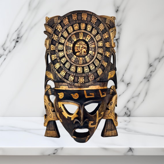 Hand Carved Cedar Wood Mayan Mask: Mexican Art