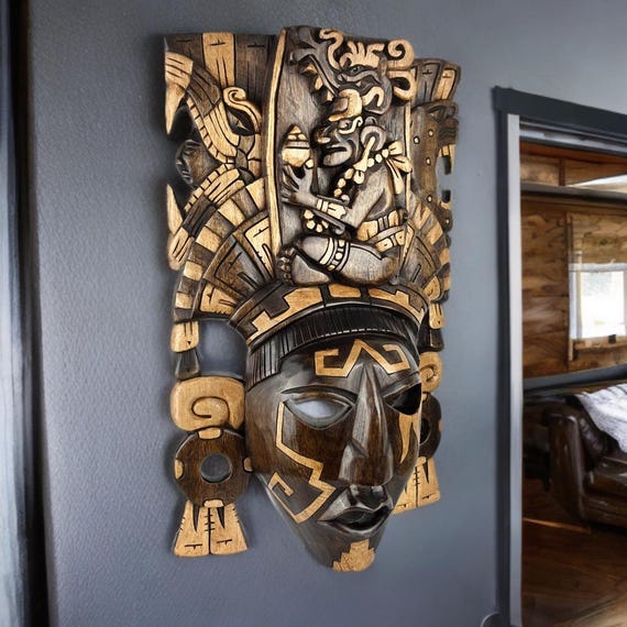 Hand Carved Cedar Wood Mayan Mask: Mexican Wall Art
