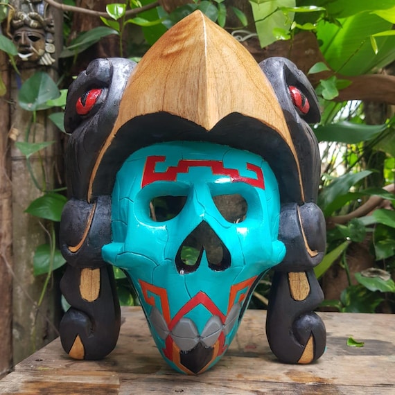 Handcrafted Mayan Cedar Mask: Blue Skull Eagle Wall Decor