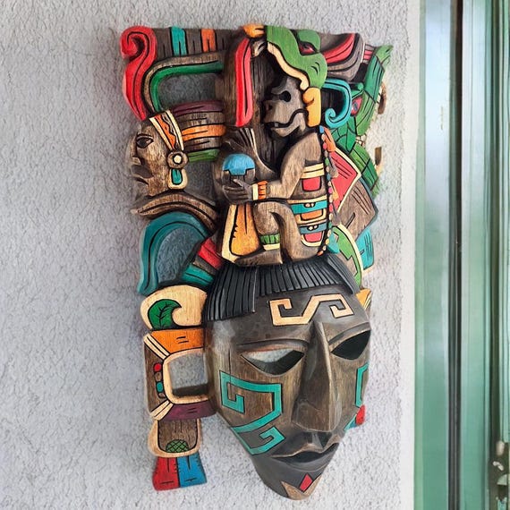 Handmade Cedar Wood Mask: Mayan God Wall Art