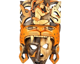 Masque en bois, Culture aztèque, Culture maya, Art mexicain, Calendrier maya, Calendrier aztèque, Artisanat du bois, Fait main.