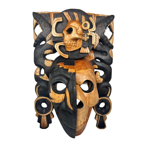 Handcrafted Cedar Wood Mayan Mask: Mexican Wall Art