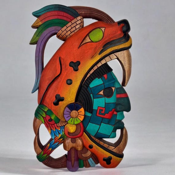Handmade Mayan Jaguar wall statue: Rey Pakal Wood Carving
