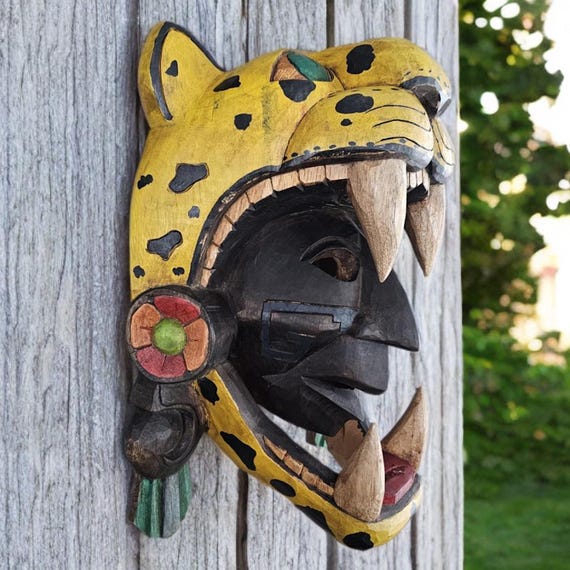 Handmade Cedar Wood Jaguar Warrior Mask: Mayan Wall Art