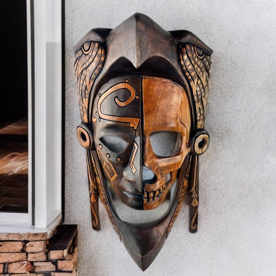 Handcrafted Cedar Wood Aztec Eagle Warrior Mask - Mayan Art