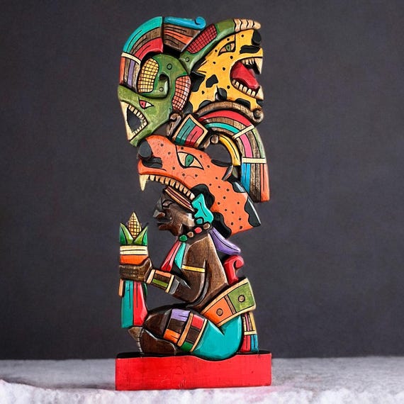 Hand Carved Mayan Cedar Wood Statue: Mexican Wall Art