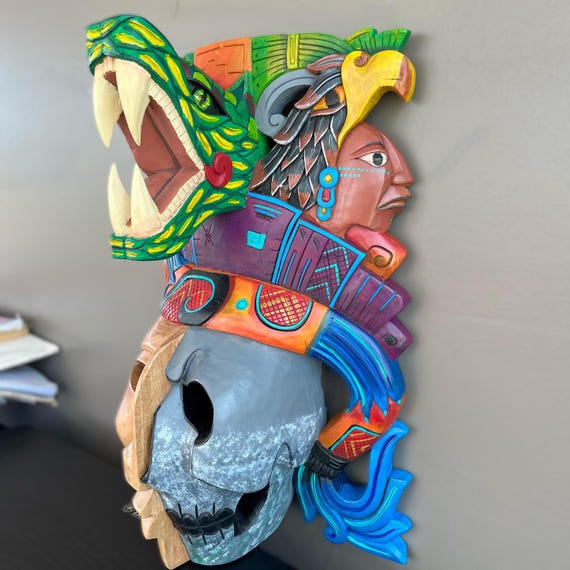 Cedar Wood Mayan Mask: Vision Serpent, Mexican Art 3D Carving