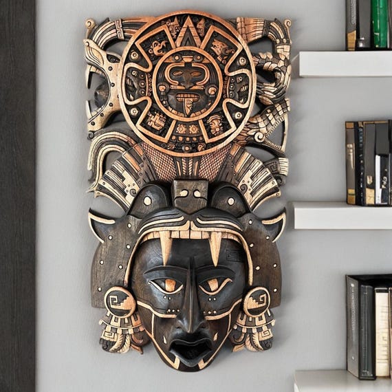 Cedar Wood Calendar and Jaguar Mask: Mayan and Aztec culture, Mexican folk art, handcrafted
