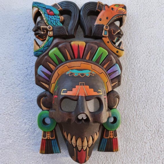 Handmade Cedar Wood Aztec Calendar Mask: Mayan Wall Art