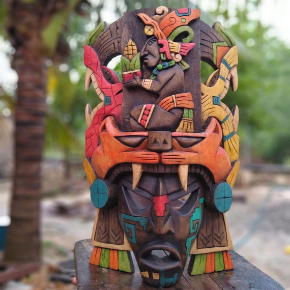 Cedar Mask: Mayan and Aztec Culture, Pre-Hispanic Art, handcrafted wall décor