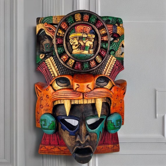 Mayan Art, Mexican Art, Halloween, Woodcarving, Handmade, Mask, Mayan Calendar
