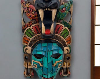The jaguar carrier Maya wooden mask, handcrafted, skull, 3D, Mexican Art, Mayan and Aztec cultures