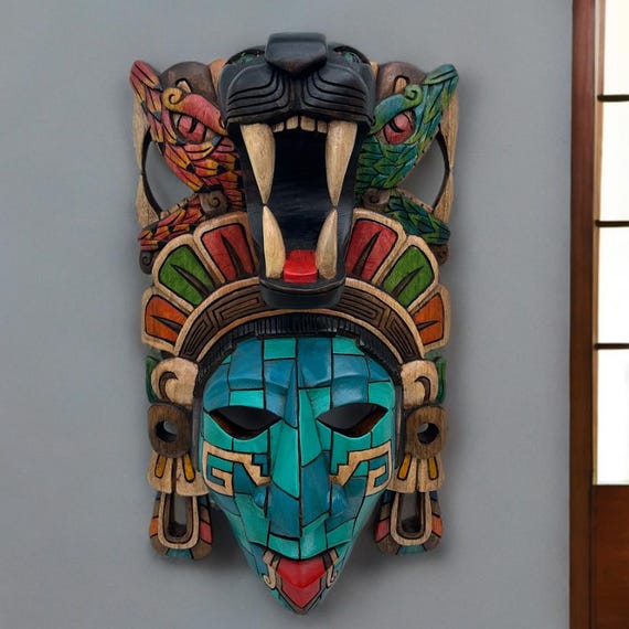 The jaguar carrier Maya wooden mask, handcrafted, skull, 3D, Mexican Art, Mayan and Aztec cultures