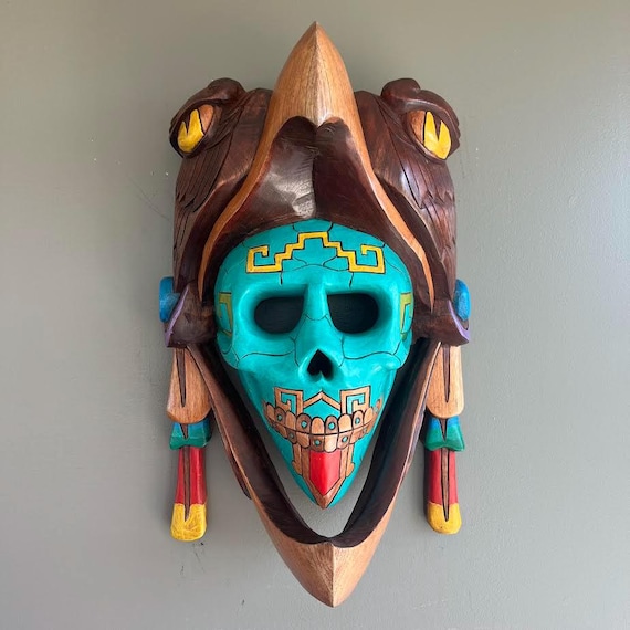 Hand Carved Cedar Wood Mayan Mask: Mexican Wall Art