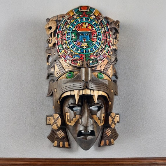 Hand Carved Mayan Mask: Red Cedar Aztec Calendar Wall Art